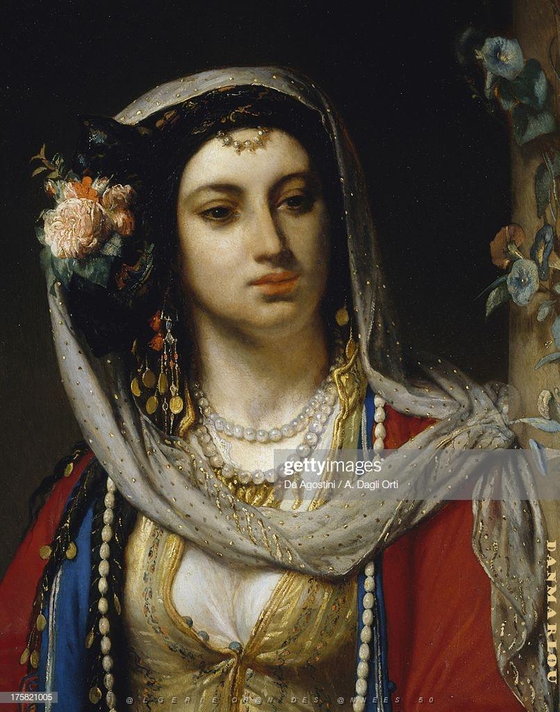 JEAN FRANCOIS PORTAELS (31).jpg - Jewess of Cairo, painting by Jean Francois Portaels (1818-1895), detail of the face and hairstyle.